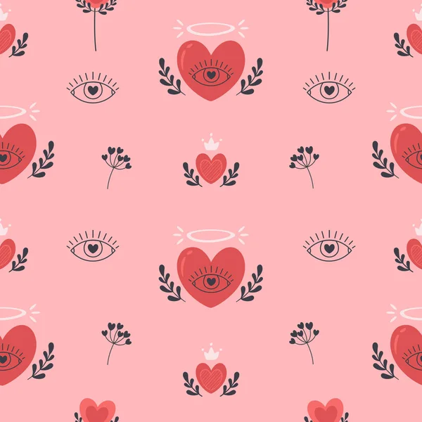 心のシームレスなパターン バレンタインデー ロマンチックで愛の要素 目と花で心 紙のためのフラット 手描きのテクスチャ ベクターイラスト — ストックベクタ