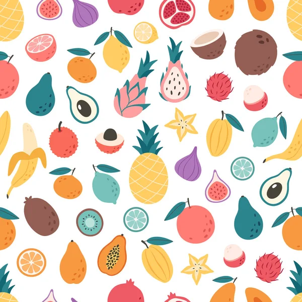 Modèle Sans Couture Fruits Exotiques Tropicaux Texture Plate Dessinée Main — Image vectorielle