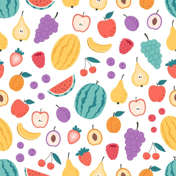 Frutas Bayas Patrón Sin Costura Textura Plana Dibujada Mano Para — Vector de stock