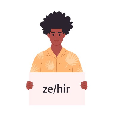 Elinde cinsiyet zamiri olan genç bir zenci. Kadın, erkek, onlar, ikili değil. Cinsiyet ayrımı olmayan hareket. LGBTQ topluluğu. Vektör illüstrasyonu
