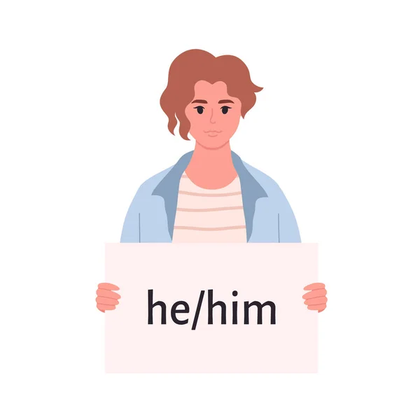 stock vector Young character holding sign with gender pronoun. She, he, they, non-binary. Gender-neutral movement. LGBTQ community. Vector illustration