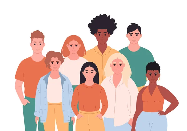 Farklı Irktan Farklı Görünümlerden Bir Grup Genç Insan Çok Kültürlü — Stok Vektör