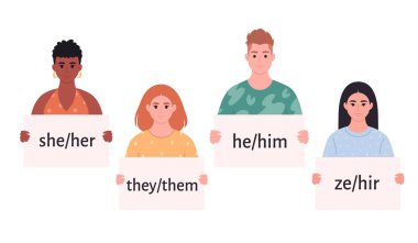 Young people holding sign with gender pronouns. She, he, they, ze, non-binary. Gender-neutral movement. LGBTQ community. Vector illustration clipart