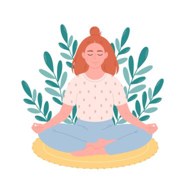 Lotus poz veren ve mindere meditasyon yapan bir kadın. Akıl sağlığı, rahatlama, dinlenme, yoga pratiği. Vektör illüstrasyonu