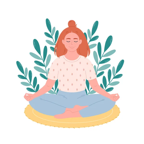 Woman Sitting Lotus Pose Meditating Mat Mental Health Care Relaxation — Stock Vector