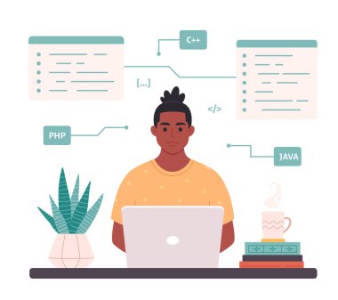 Dizüstü bilgisayarda çalışan siyah bir adam. IT geliştiricisi. Programlama kodu. Serbest çalışma, uzaktan çalışma, programlama. Düz biçimli vektör illüstrasyonu
