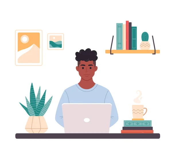 Black Man Working Computer Home Office Freelance Remote Working Programming — Vector de stock