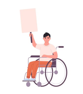 Young man in wheelchair holding clean empty banner or placard. Activism, social movement. Democracy, rally and protest. Person with physical disability. Vector illustration
