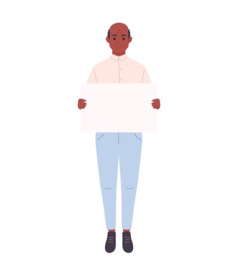 Old black man holding clean empty banner or placard. Activism, social movement. Democracy, rally and protest. Vector illustration