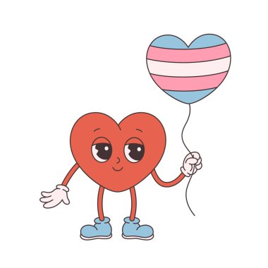Trendy retro cartoon heart character. Groovy style, vintage, 70s 60s aesthetics. Valentines day, LGBTQ, transgender symbol. Vector illustration