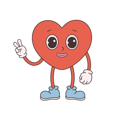 Trendy retro cartoon heart character. Groovy style, vintage, 70s 60s aesthetics. Valentines day. Vector illustration