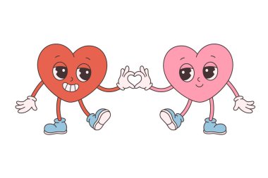 Trendy retro cartoon heart characters. Groovy style, vintage, 70s 60s aesthetics. Happy Valentines day, gay couple. Vector illustration