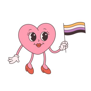 Trendy retro cartoon heart character. Groovy style, vintage, 70s 60s aesthetics. Valentines day, non binary flag. Vector illustration