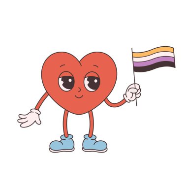 Eski moda karikatür kalp karakteri. Moda tarzı, klasik, 70 'lerin estetiği. Sevgililer Günü, ikili olmayan bayrak. Vektör illüstrasyonu