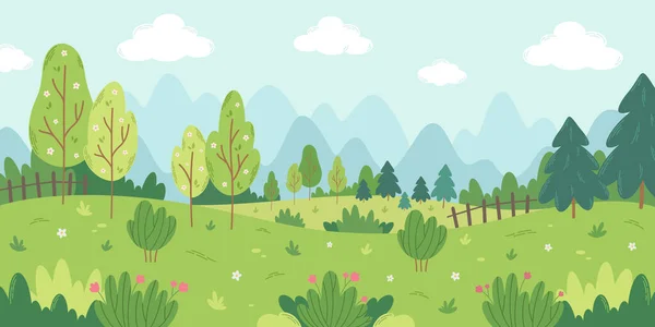stock vector Spring landscape with trees, mountains, fields, bushes, flowers and fir trees. Vector illustration