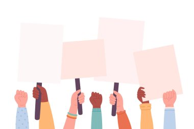 People of different races, nationalities holding banners and placards. Activism, social movement, demonstration. Democracy, rally and protest. Vector illustration