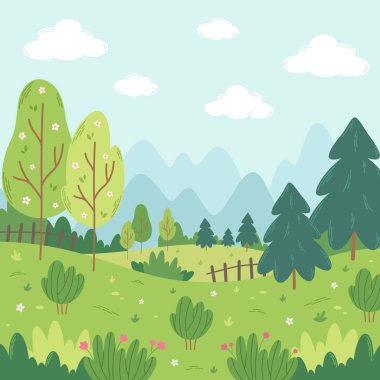 Spring landscape with trees, mountains, fields, bushes, flowers and fir trees. Vector illustration