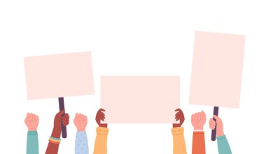 People of different races, nationalities holding banners and placards. Activism, social movement, demonstration. Democracy, rally and protest. Vector illustration