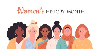 Farklı ırktan, farklı milletlerden kadınlar. Kadın Tarihi Ayı. Feminizm ve kadın eşitliği, güçlenme. Vektör illüstrasyonu