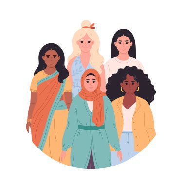 Women of different races, nationalities. Feminism and women equality, empowerment, sisterhood. Vector illustration