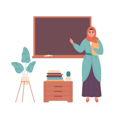 Muslim female teacher at classroom near blackboard. Education, lecture and lesson at school. Vector illustration
