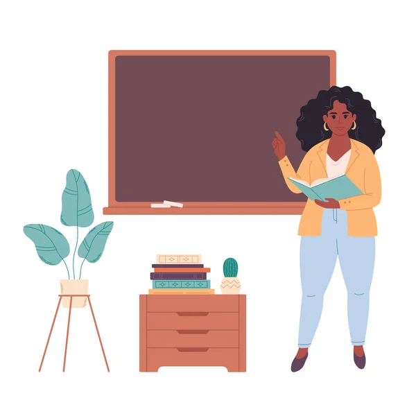 Kara Tahtanın Yanındaki Sınıfta Afrika Kökenli Amerikalı Kadın Öğretmen Okulda — Stok Vektör