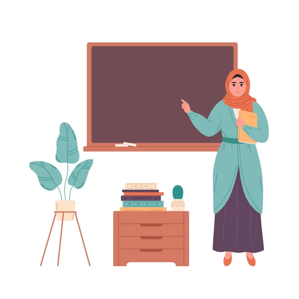 Karatahtanın Yanındaki Sınıfta Müslüman Bayan Öğretmen Okulda Eğitim Ders Ders — Stok Vektör