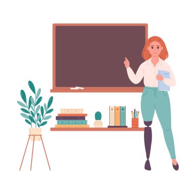Female teacher at classroom near blackboard. Education, lecture and lesson at school. Vector illustration
