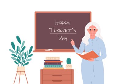 Old female teacher at classroom near blackboard. Education, lecture and lesson at school. Vector illustration