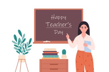 Asian female teacher at classroom near blackboard. Education, lecture and lesson at school. Vector illustration