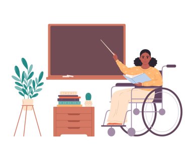 Black female teacher in wheelchair at classroom near blackboard. Education, lecture and lesson at school. Vector illustration