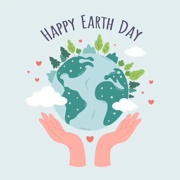 Grattis Jorddagen Planeten Jorden Med Träd Granar Buskar Moln Vård — Stock vektor