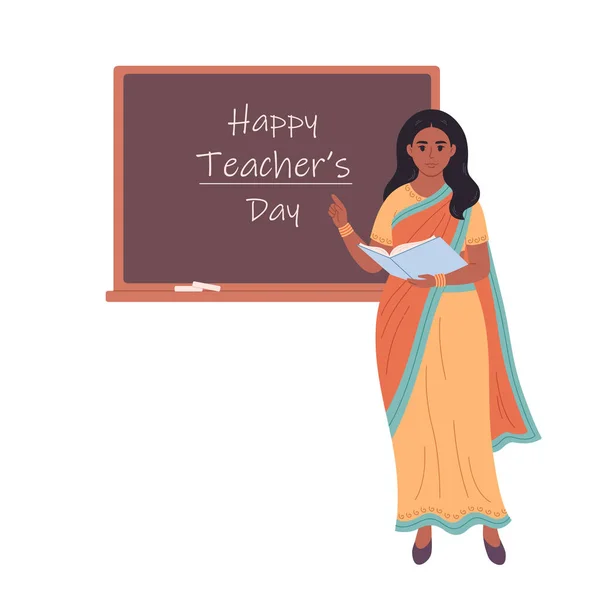 Indian female teacher at classroom near blackboard. Back to school. Education, lecture and lesson at school. Vector illustration