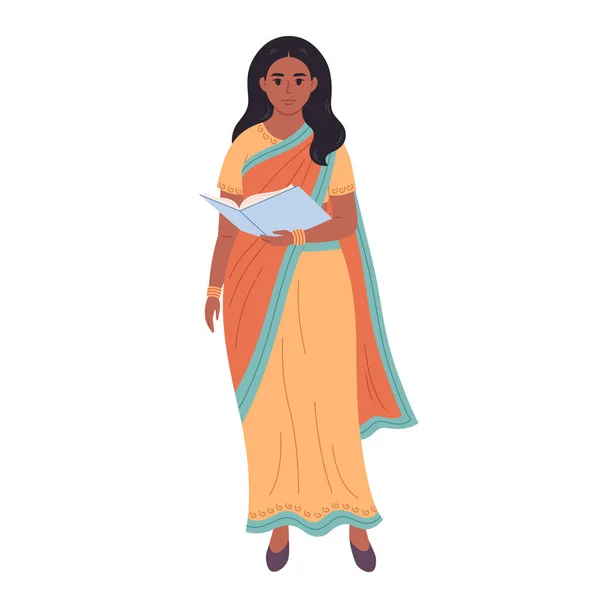 Индийская Женщина Книгой Школьный Учитель Библиотекарь Деловая Женщина Векторная Иллюстрация — стоковый вектор