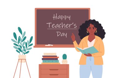 African american female teacher at classroom near blackboard. Education, lecture and lesson at school. Vector illustration