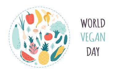Taze meyve ve sebze. Sağlıklı yemek, düzgün beslenme, vejetaryen ve vejetaryen konsepti. Dünya Vegan Günü. Vektör illüstrasyonu