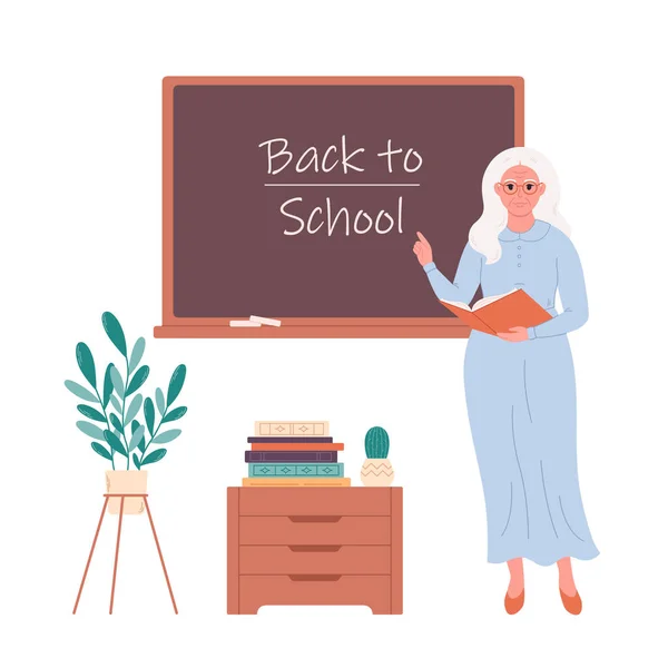 Yaşlı Bayan Öğretmen Tahtaya Yakın Bir Sınıfta Okula Dönelim Eğitim — Stok Vektör
