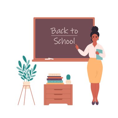 Female teacher at classroom near blackboard. Education, lecture and lesson at school. Vector illustration