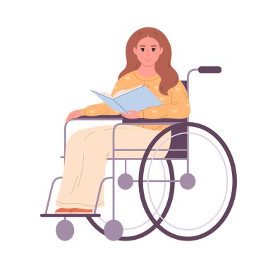 Kitaplı tekerlekli sandalyedeki kadın. Okuma, edebiyat, öğretim. Okul öğretmeni, kütüphaneci ya da iş kadını. Vektör illüstrasyonu