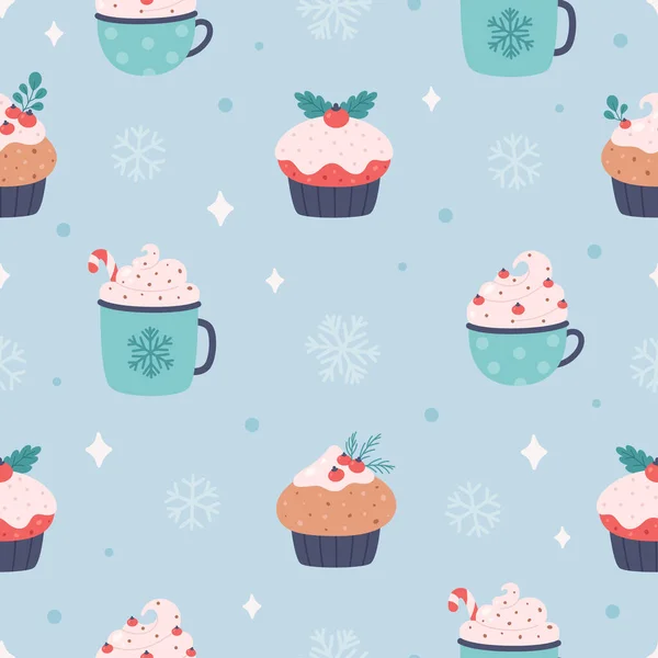 Patrón Sin Costuras Navidad Con Bebidas Calientes Cupcakes Copos Nieve — Archivo Imágenes Vectoriales
