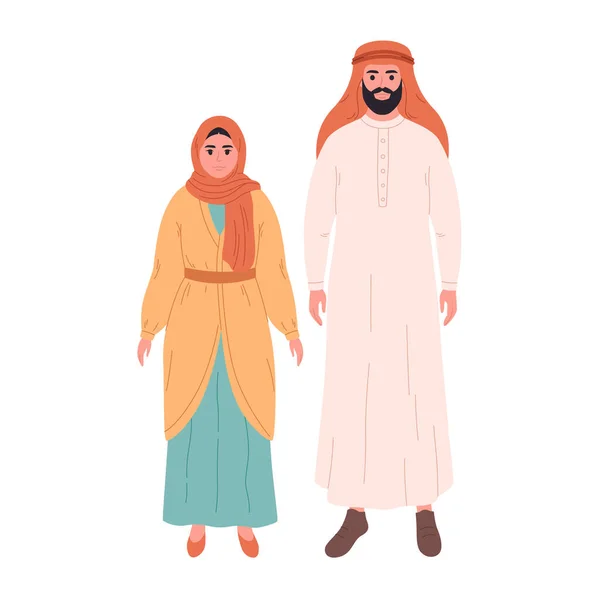 Pasangan Arab Muslim Pria Dan Wanita Dalam Pakaian Tradisional Ilustrasi - Stok Vektor