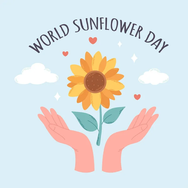 Welttag Der Sonnenblumen Mai Schöne Sonnenblume Mit Grünen Blättern Vektorillustration — Stockvektor