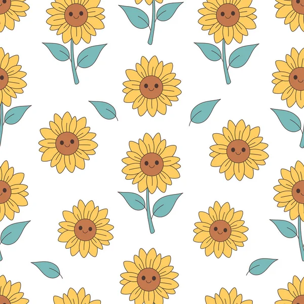 Cute Sunflowers Seamless Pattern Trendy Retro Cartoon Sunflower Character Vector — Stock Vector
