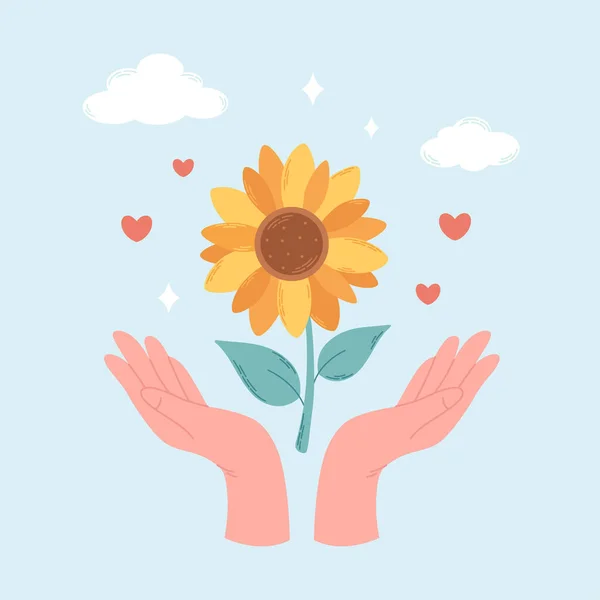 Cute Sunflower Green Leaves Hands World Sunflower Day Vector Illustration — Stock Vector