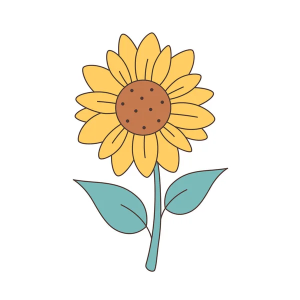 Cute Sunflower Green Leaves Vintage Retro Style Vector Illustration — Stock Vector