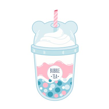 Tapyoka incili köpüklü sütlü çay. Boba çayı. Soğuk Asya Tayvan içkisi. Soğuk yaz içeceği. Vektör illüstrasyonu