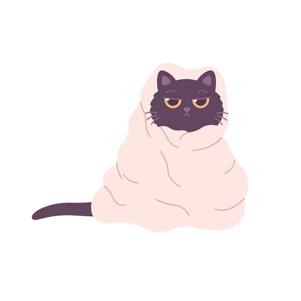 Cute Black Cat Blanket Domestic Pets Feline Activities Vector Illustration — Stock Vector