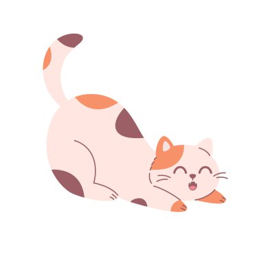 Cute cat stretching and yawning. Domestic pets, feline activities. Home cat life. Vector illustration