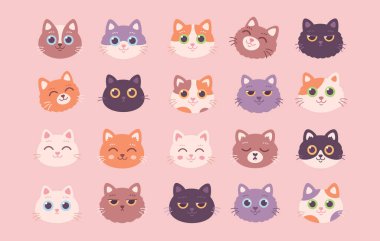 Collection of Cat faces. Cat characters with different emotions and facial expressions. Vector illustration clipart