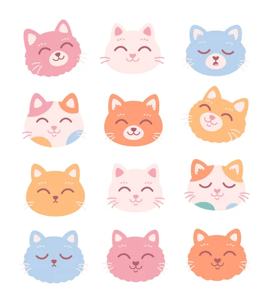 Kedi Yüzleri Koleksiyonu Farklı Duyguları Yüz Ifadeleri Olan Sevimli Renkli — Stok Vektör